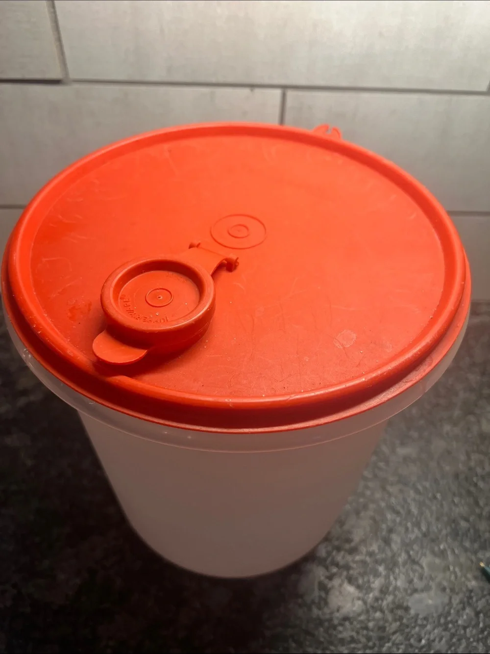 Tupperware Red  Flip Lid Round Food Storage Container/Canister. Minor scratches